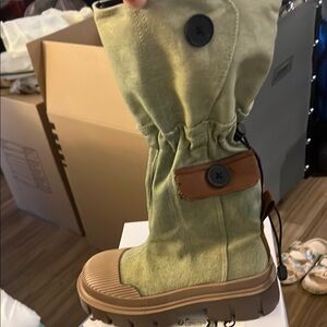 Green Combat Boots with Brown Leather Trim and Chunky Sole